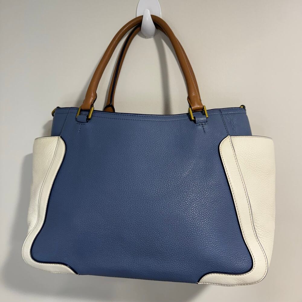 Tory Burch Frances Satchel Pebbled Leather Blue White Brown Colorblock Tote - Picture 2 of 13